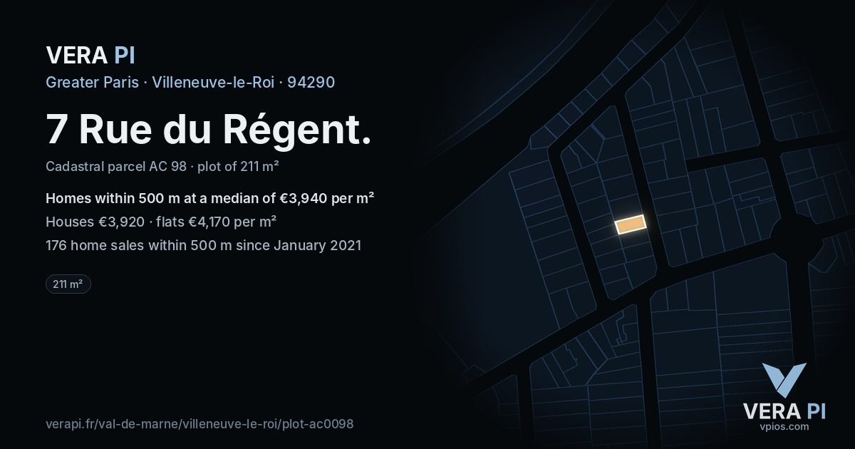 7 Rue du Régent, Villeneuve-le-Roi at night – the plot lit, the parcels around coloured by the prices near them