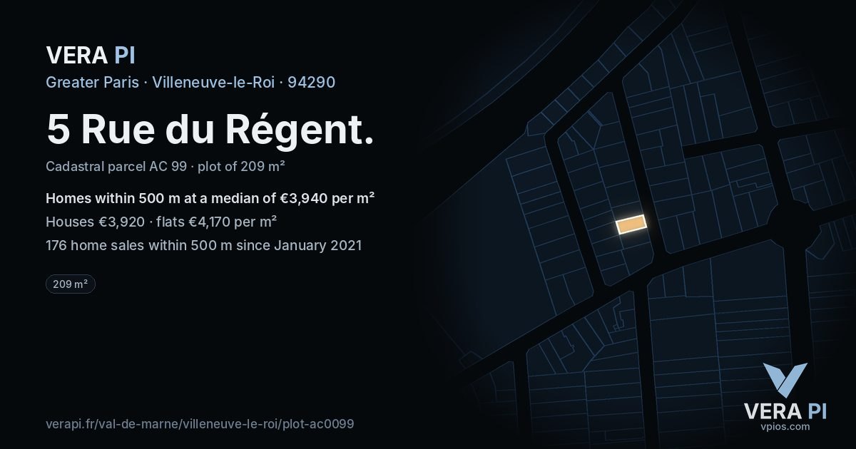 5 Rue du Régent, Villeneuve-le-Roi at night – the plot lit, the parcels around coloured by the prices near them