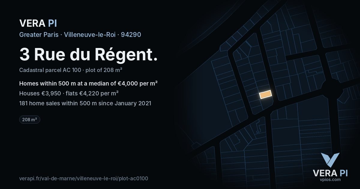 3 Rue du Régent, Villeneuve-le-Roi at night – the plot lit, the parcels around coloured by the prices near them