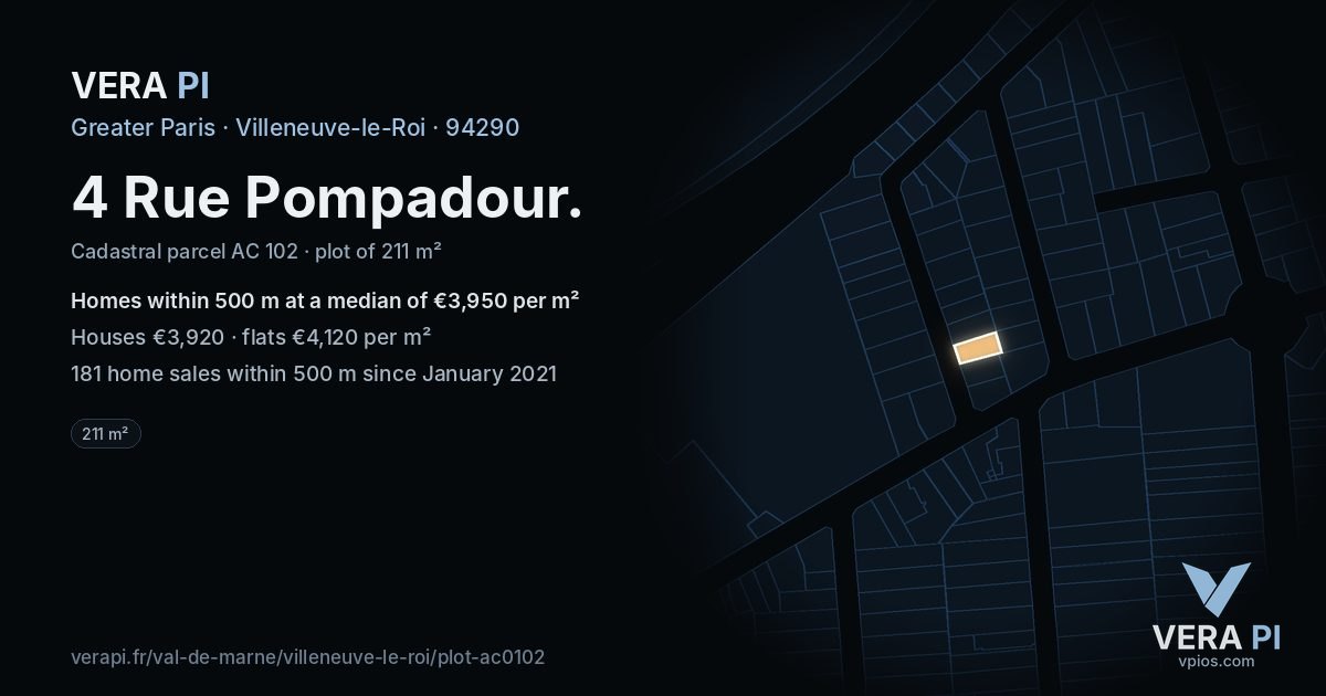 4 Rue Pompadour, Villeneuve-le-Roi at night – the plot lit, the parcels around coloured by the prices near them