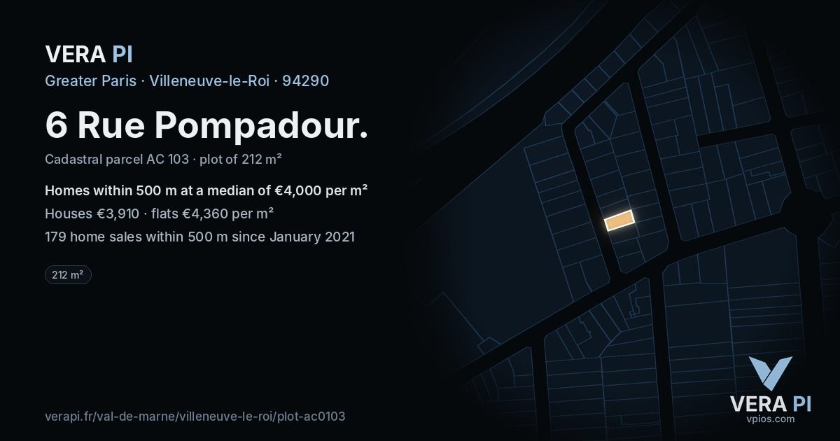 6 Rue Pompadour, Villeneuve-le-Roi at night – the plot lit, the parcels around coloured by the prices near them