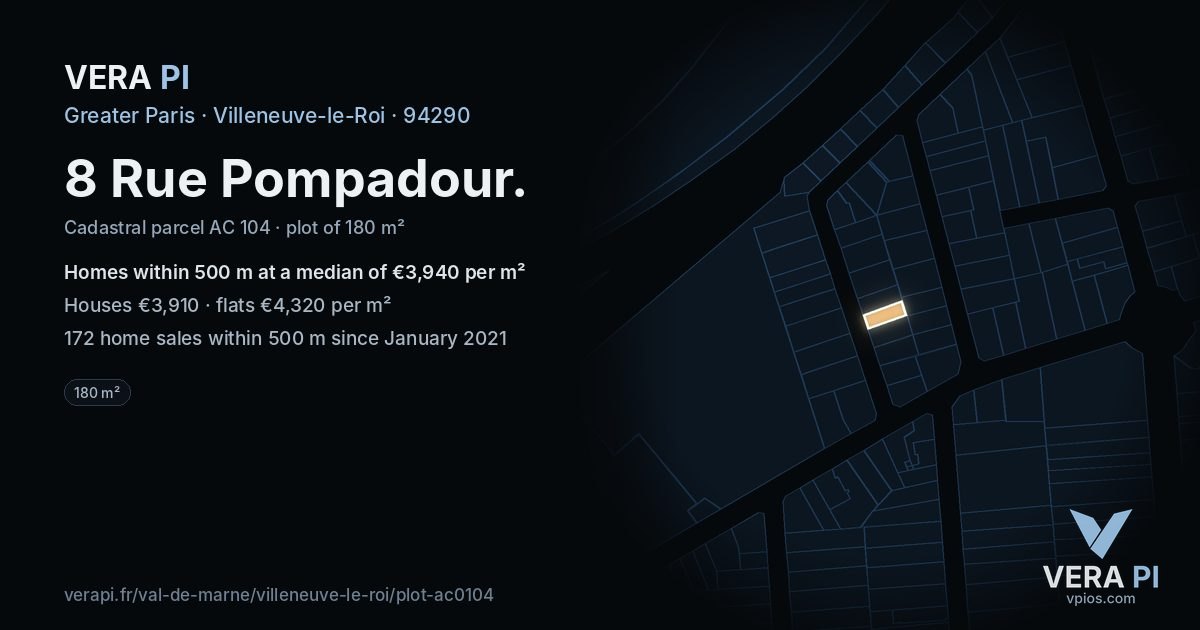 8 Rue Pompadour, Villeneuve-le-Roi at night – the plot lit, the parcels around coloured by the prices near them