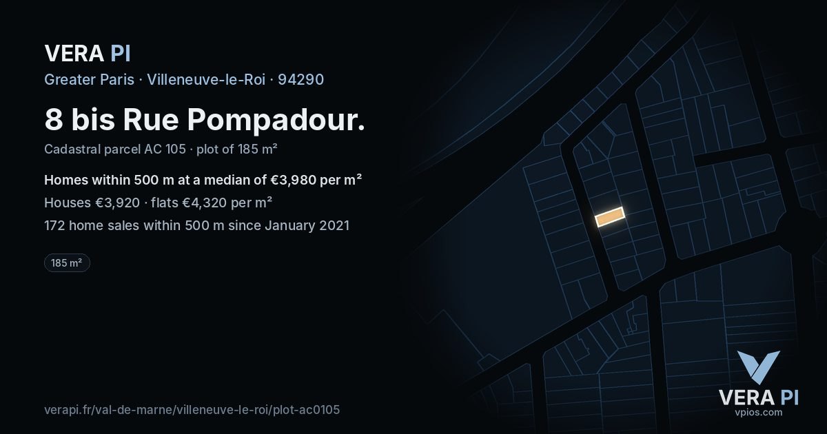 8 bis Rue Pompadour, Villeneuve-le-Roi at night – the plot lit, the parcels around coloured by the prices near them