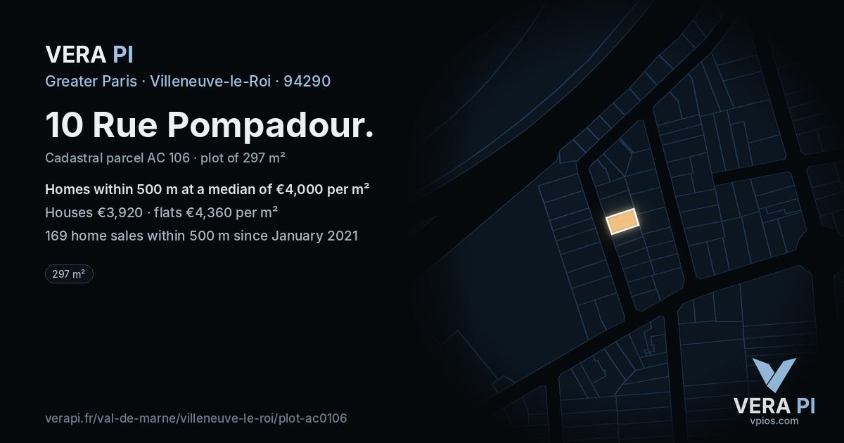 10 Rue Pompadour, Villeneuve-le-Roi at night – the plot lit, the parcels around coloured by the prices near them
