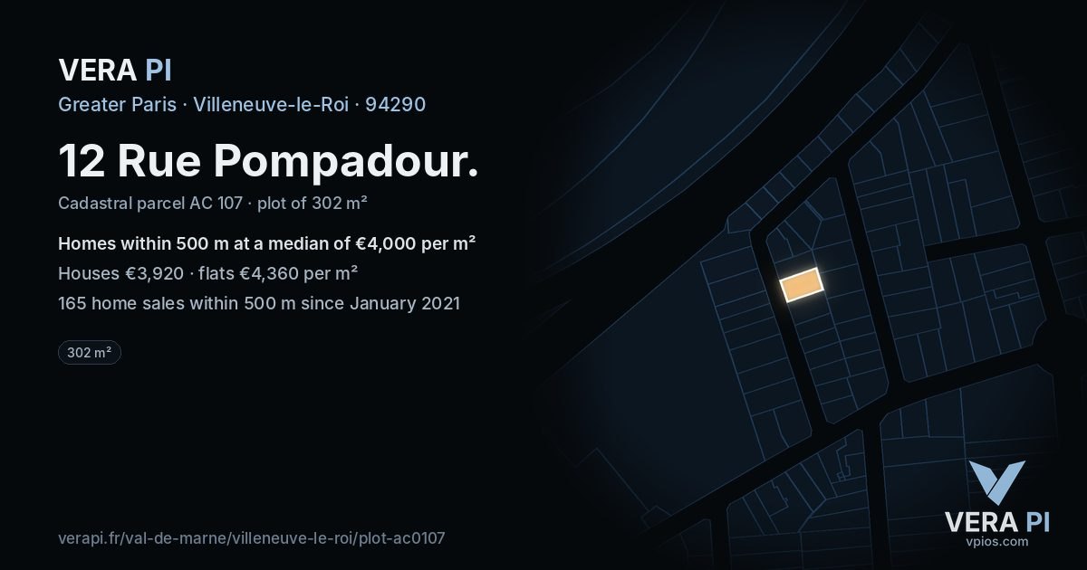 12 Rue Pompadour, Villeneuve-le-Roi at night – the plot lit, the parcels around coloured by the prices near them
