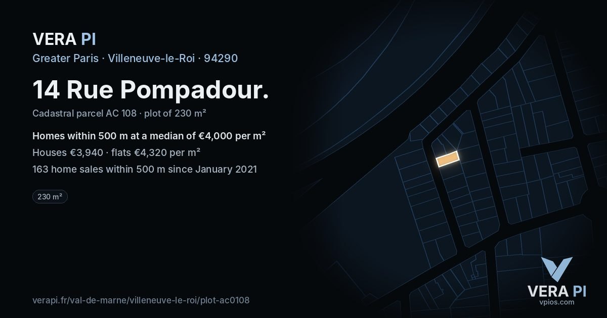 14 Rue Pompadour, Villeneuve-le-Roi at night – the plot lit, the parcels around coloured by the prices near them