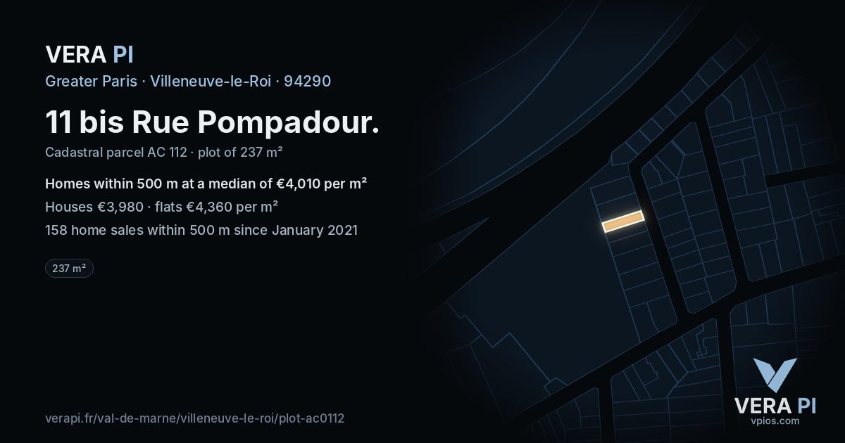 11 bis Rue Pompadour, Villeneuve-le-Roi at night – the plot lit, the parcels around coloured by the prices near them