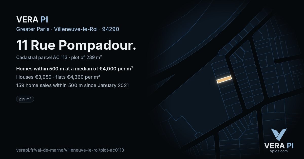 11 Rue Pompadour, Villeneuve-le-Roi at night – the plot lit, the parcels around coloured by the prices near them