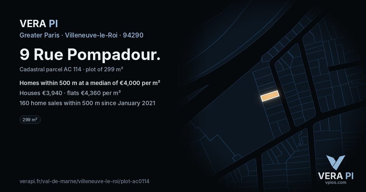 9 Rue Pompadour, Villeneuve-le-Roi at night – the plot lit, the parcels around coloured by the prices near them