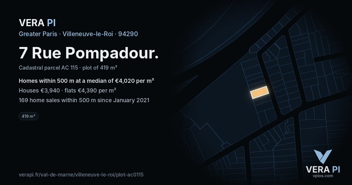 7 Rue Pompadour, Villeneuve-le-Roi at night – the plot lit, the parcels around coloured by the prices near them