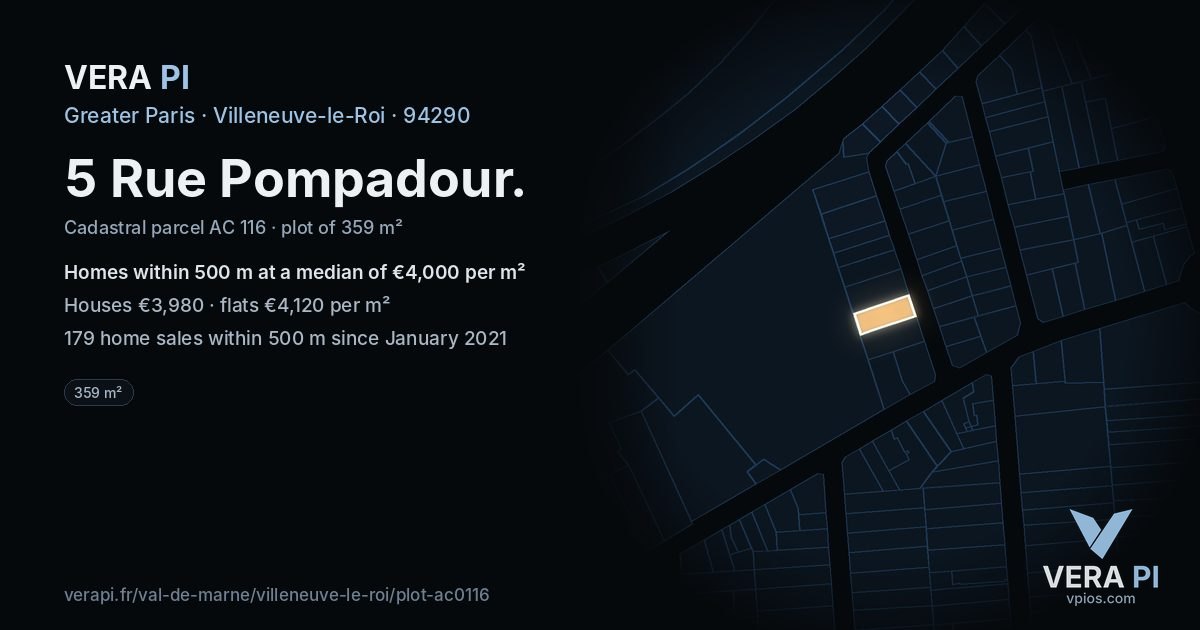 5 Rue Pompadour, Villeneuve-le-Roi at night – the plot lit, the parcels around coloured by the prices near them