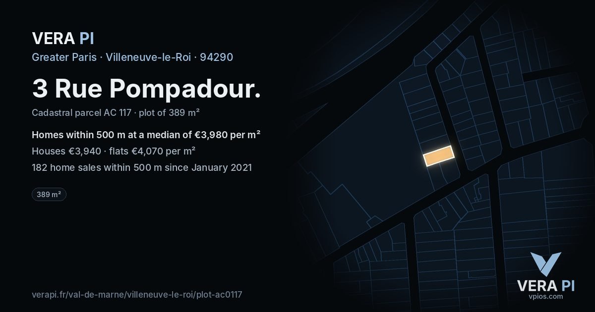 3 Rue Pompadour, Villeneuve-le-Roi at night – the plot lit, the parcels around coloured by the prices near them