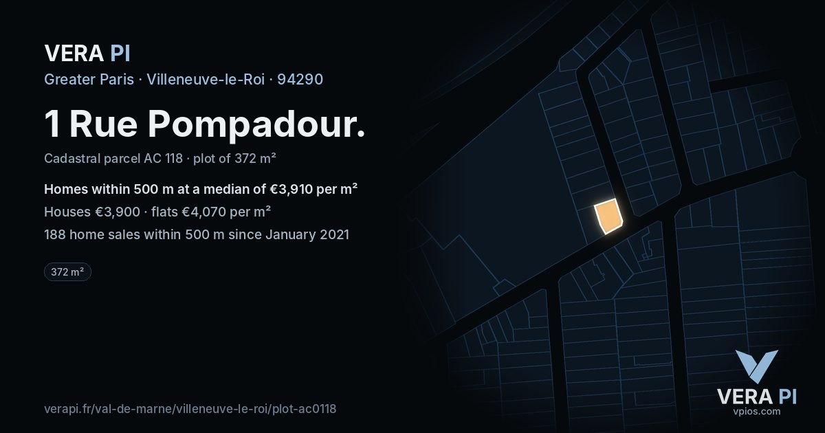 1 Rue Pompadour, Villeneuve-le-Roi at night – the plot lit, the parcels around coloured by the prices near them