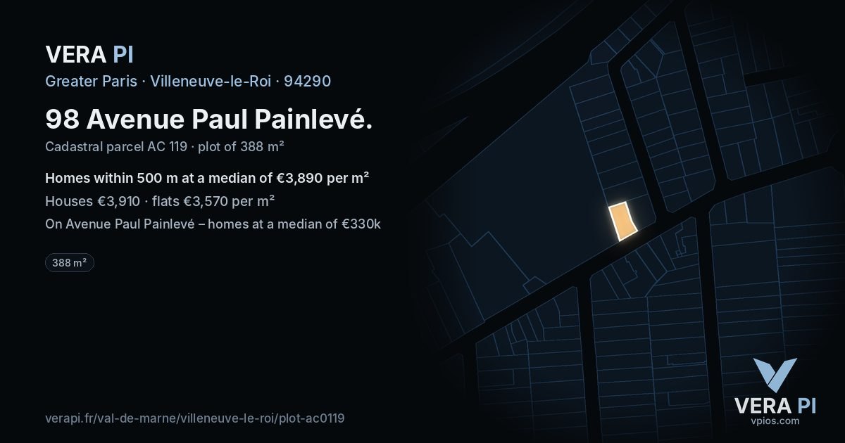 98 Avenue Paul Painlevé, Villeneuve-le-Roi at night – the plot lit, the parcels around coloured by the prices near them