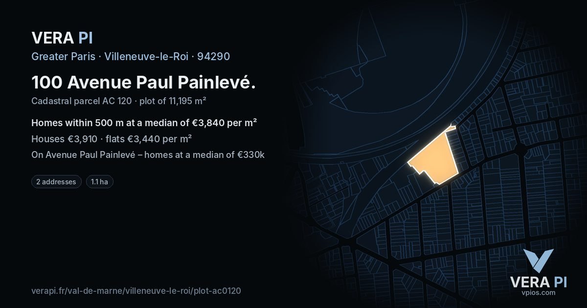 100 Avenue Paul Painlevé, Villeneuve-le-Roi at night – the plot lit, the parcels around coloured by the prices near them