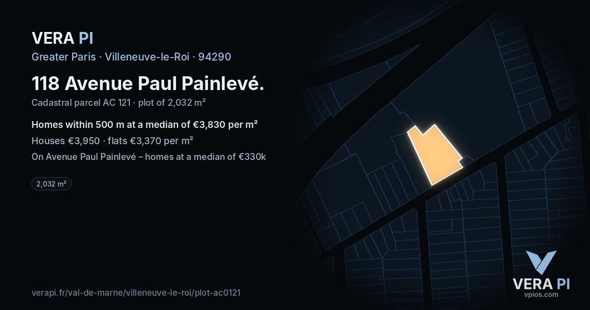 118 Avenue Paul Painlevé, Villeneuve-le-Roi at night – the plot lit, the parcels around coloured by the prices near them