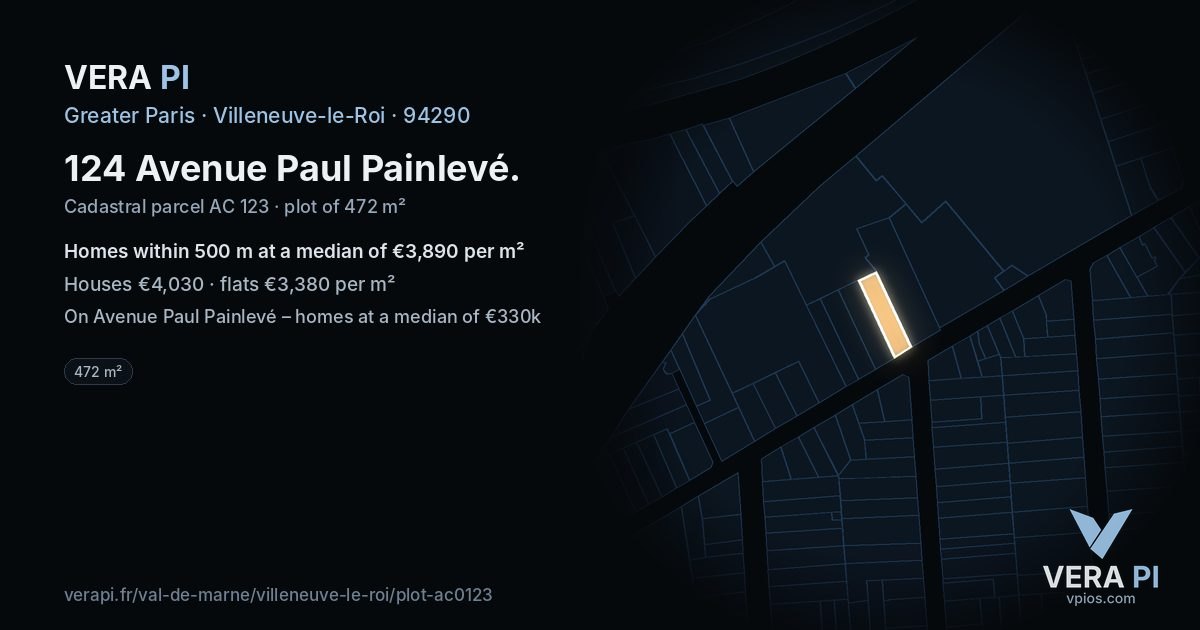124 Avenue Paul Painlevé, Villeneuve-le-Roi at night – the plot lit, the parcels around coloured by the prices near them