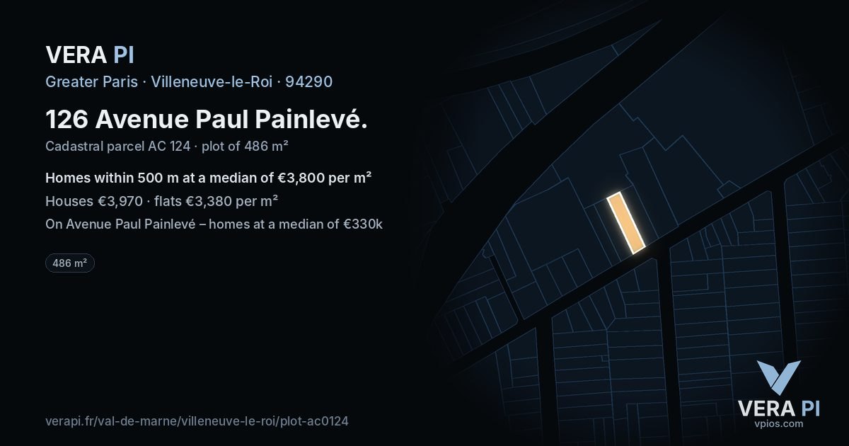 126 Avenue Paul Painlevé, Villeneuve-le-Roi at night – the plot lit, the parcels around coloured by the prices near them