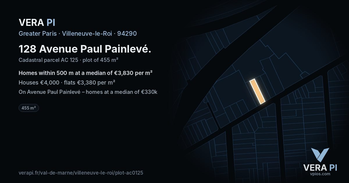 128 Avenue Paul Painlevé, Villeneuve-le-Roi at night – the plot lit, the parcels around coloured by the prices near them