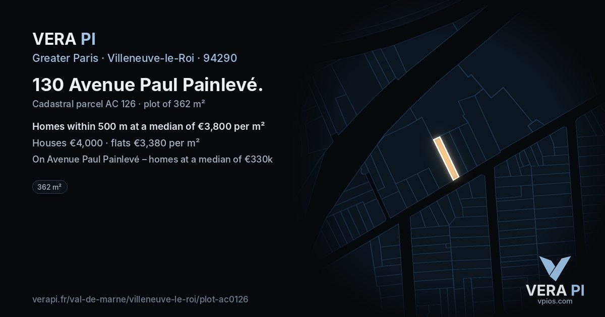 130 Avenue Paul Painlevé, Villeneuve-le-Roi at night – the plot lit, the parcels around coloured by the prices near them