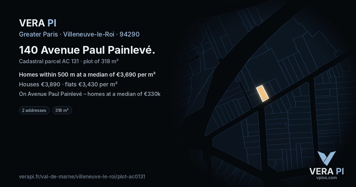 140 Avenue Paul Painlevé, Villeneuve-le-Roi at night – the plot lit, the parcels around coloured by the prices near them