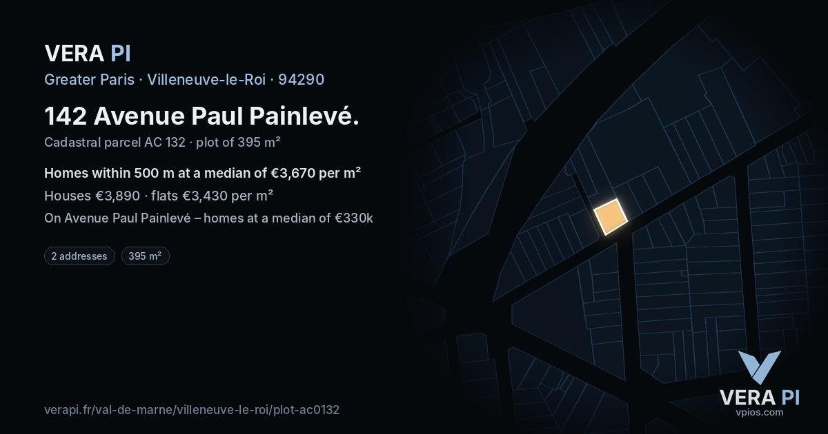 142 Avenue Paul Painlevé, Villeneuve-le-Roi at night – the plot lit, the parcels around coloured by the prices near them