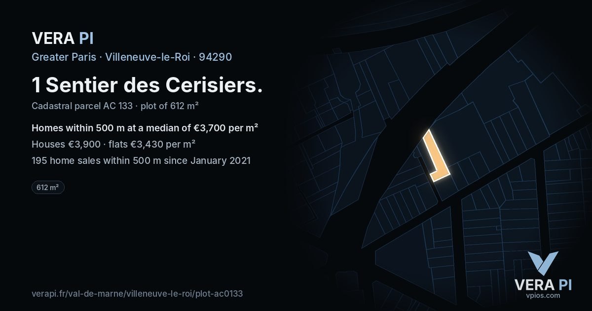 1 Sentier des Cerisiers, Villeneuve-le-Roi at night – the plot lit, the parcels around coloured by the prices near them