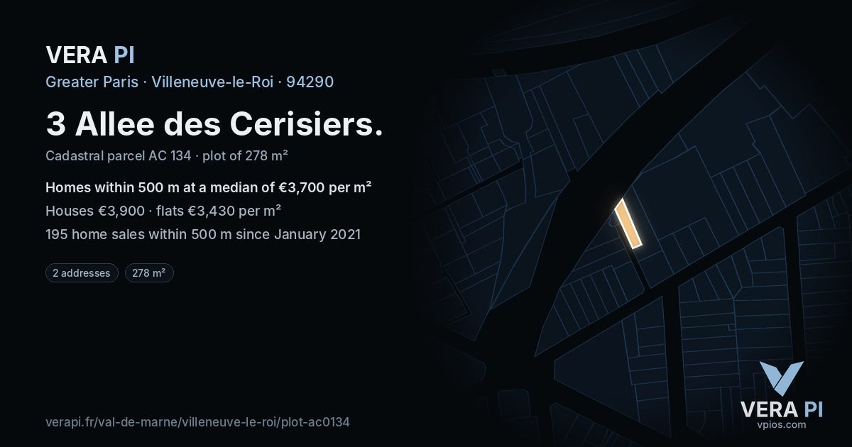 3 Allee des Cerisiers, Villeneuve-le-Roi at night – the plot lit, the parcels around coloured by the prices near them