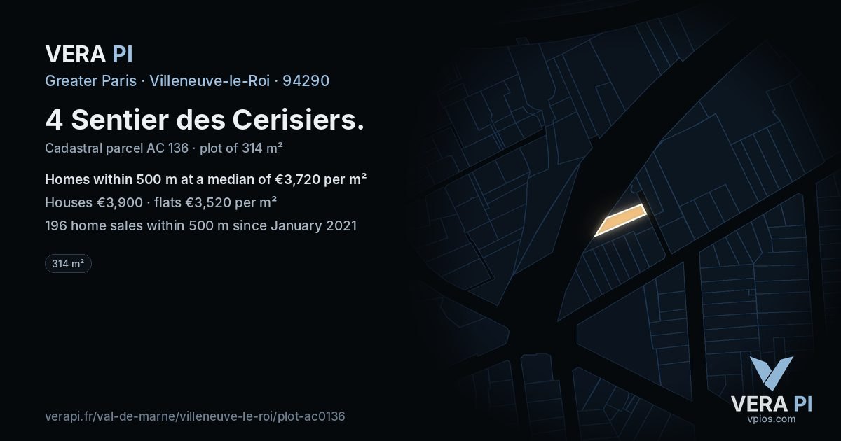 4 Sentier des Cerisiers, Villeneuve-le-Roi at night – the plot lit, the parcels around coloured by the prices near them