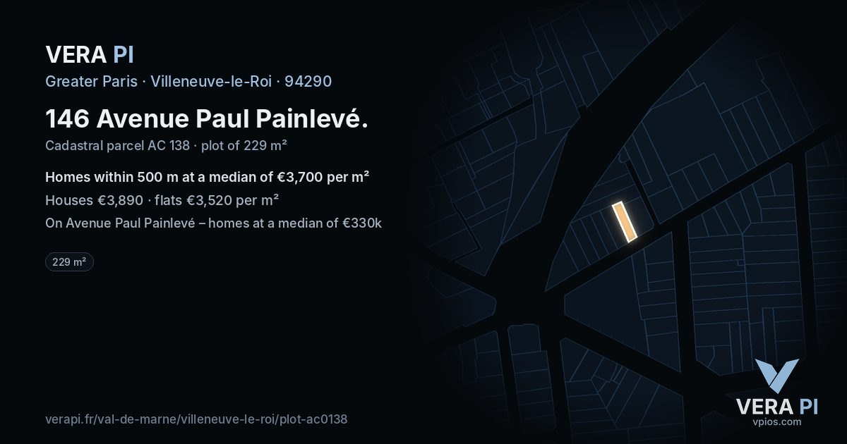 146 Avenue Paul Painlevé, Villeneuve-le-Roi at night – the plot lit, the parcels around coloured by the prices near them