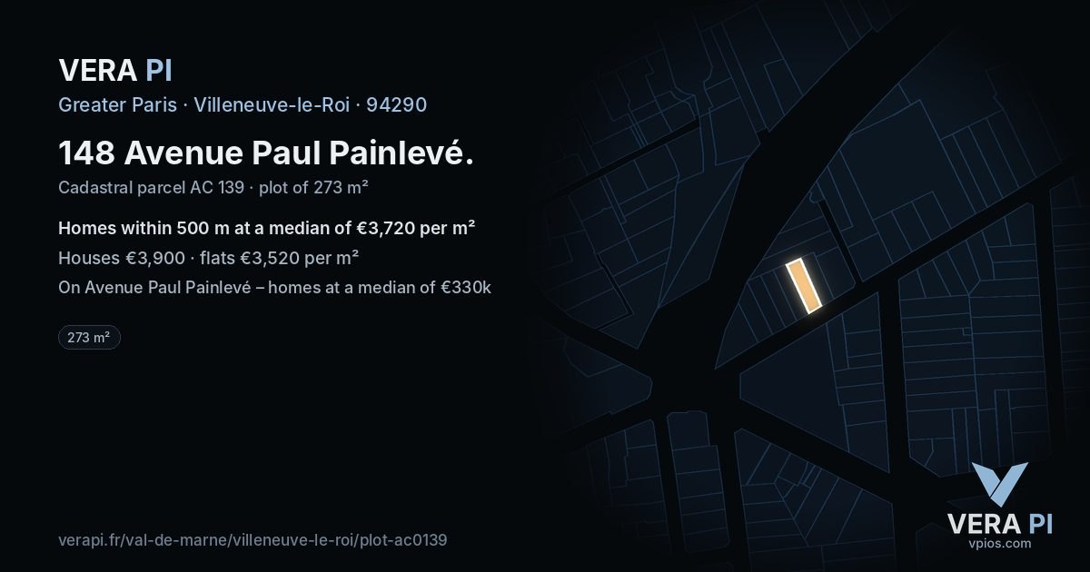 148 Avenue Paul Painlevé, Villeneuve-le-Roi at night – the plot lit, the parcels around coloured by the prices near them