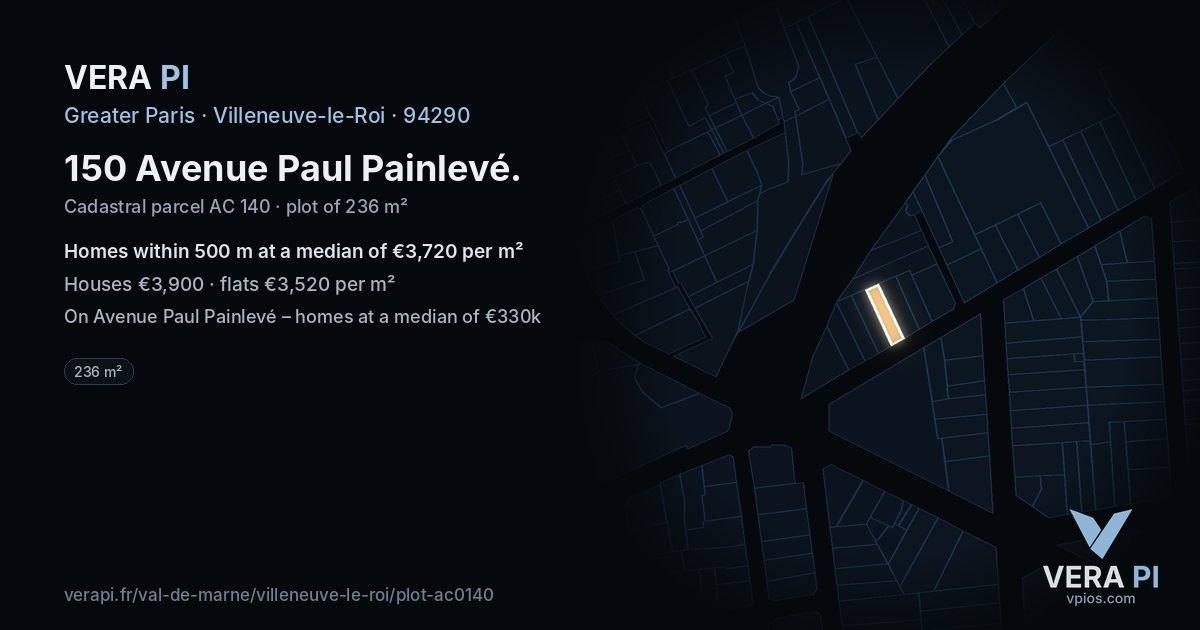 150 Avenue Paul Painlevé, Villeneuve-le-Roi at night – the plot lit, the parcels around coloured by the prices near them