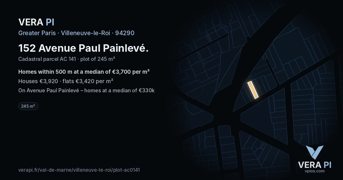 152 Avenue Paul Painlevé, Villeneuve-le-Roi at night – the plot lit, the parcels around coloured by the prices near them