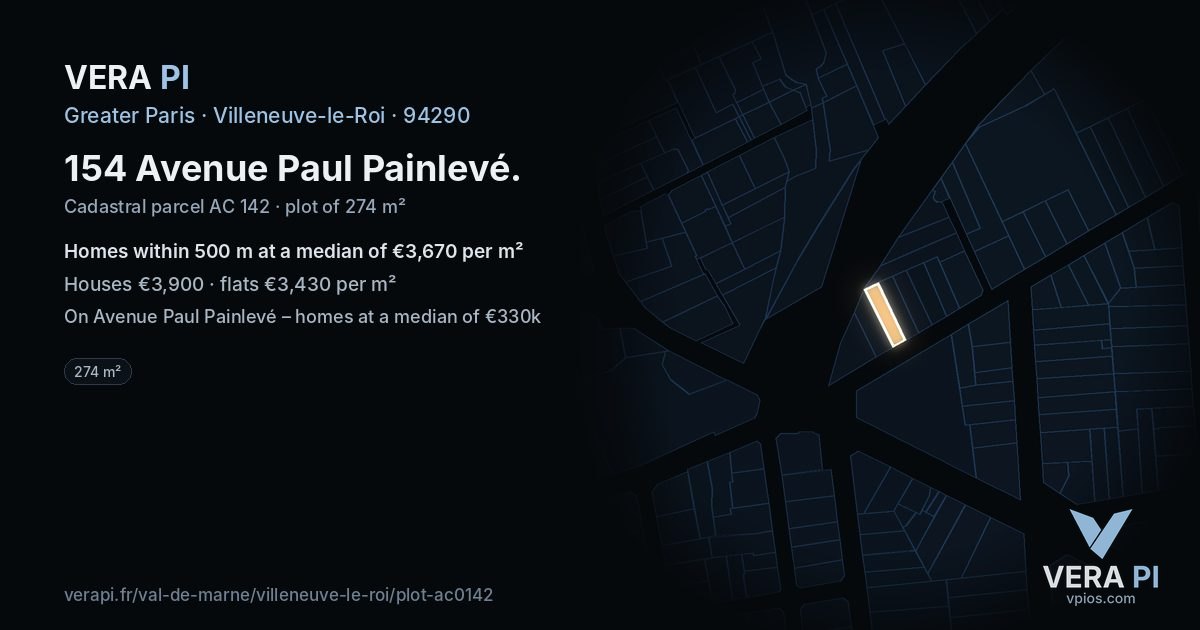154 Avenue Paul Painlevé, Villeneuve-le-Roi at night – the plot lit, the parcels around coloured by the prices near them