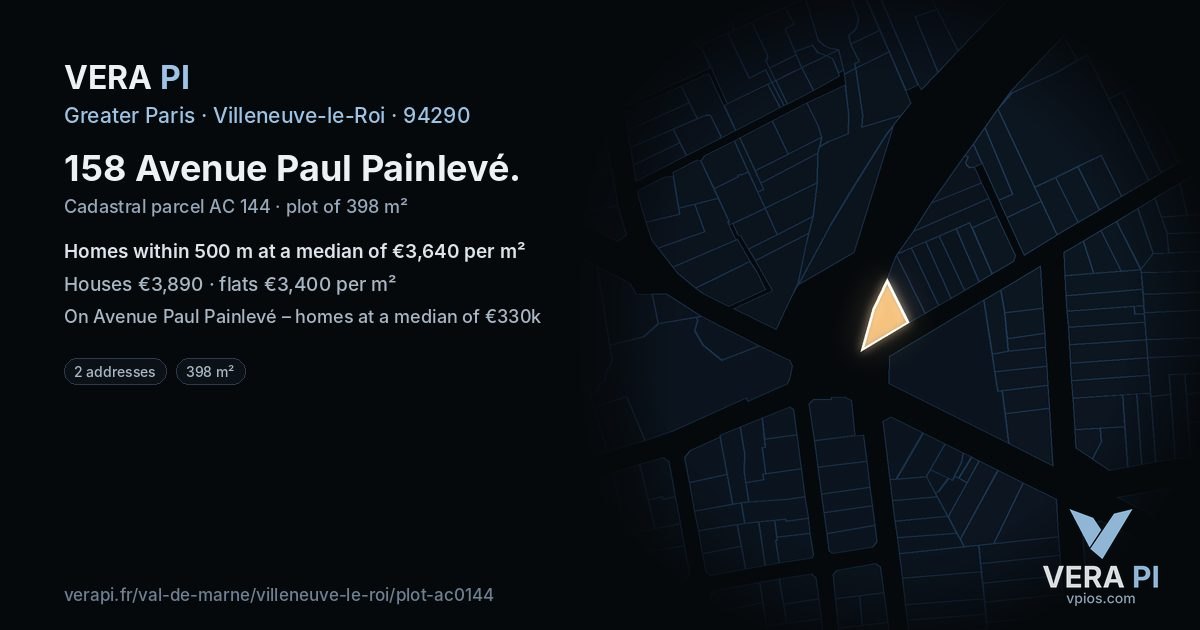 158 Avenue Paul Painlevé, Villeneuve-le-Roi at night – the plot lit, the parcels around coloured by the prices near them