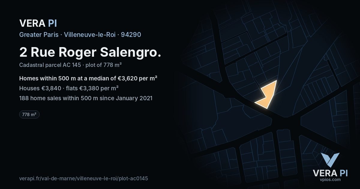 2 Rue Roger Salengro, Villeneuve-le-Roi at night – the plot lit, the parcels around coloured by the prices near them