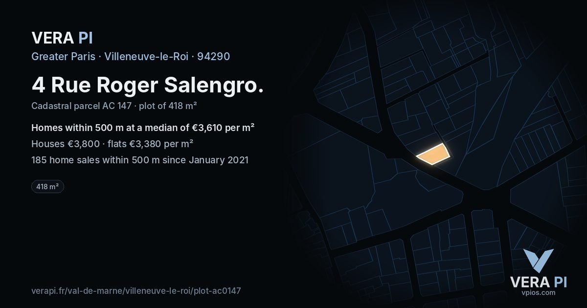 4 Rue Roger Salengro, Villeneuve-le-Roi at night – the plot lit, the parcels around coloured by the prices near them