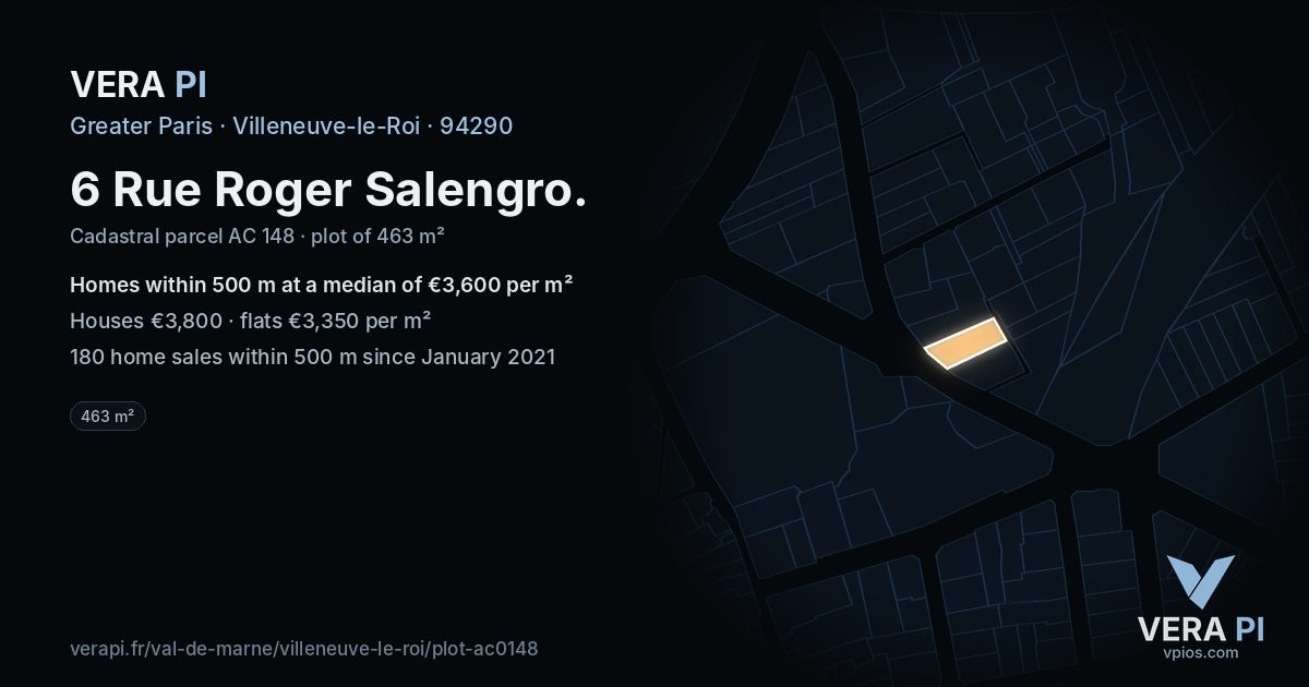6 Rue Roger Salengro, Villeneuve-le-Roi at night – the plot lit, the parcels around coloured by the prices near them