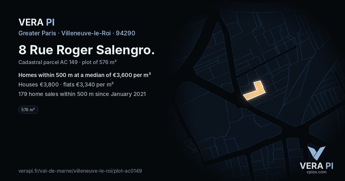 8 Rue Roger Salengro, Villeneuve-le-Roi at night – the plot lit, the parcels around coloured by the prices near them