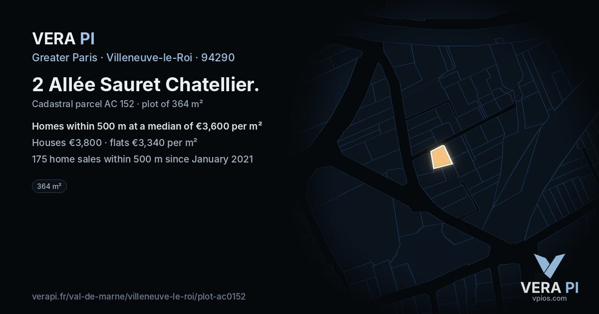 2 Allée Sauret Chatellier, Villeneuve-le-Roi at night – the plot lit, the parcels around coloured by the prices near them