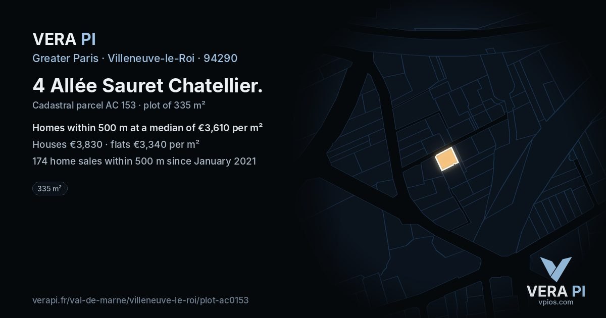 4 Allée Sauret Chatellier, Villeneuve-le-Roi at night – the plot lit, the parcels around coloured by the prices near them