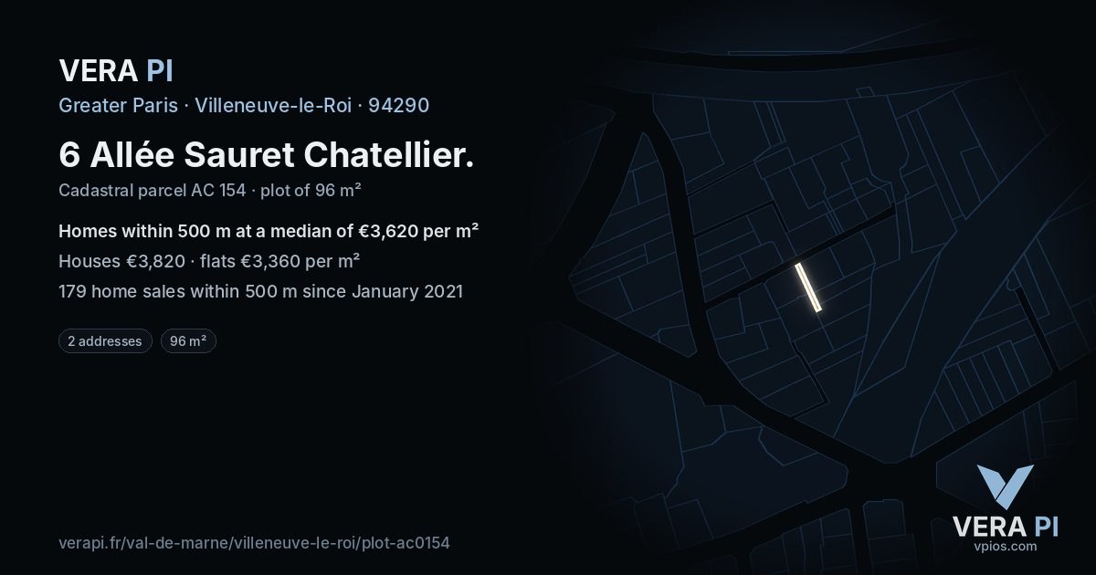 6 Allée Sauret Chatellier, Villeneuve-le-Roi at night – the plot lit, the parcels around coloured by the prices near them