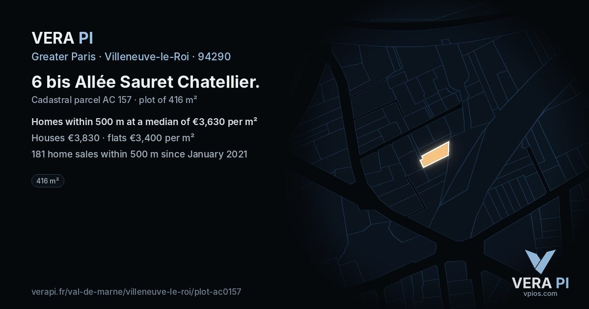 6 bis Allée Sauret Chatellier, Villeneuve-le-Roi at night – the plot lit, the parcels around coloured by the prices near them