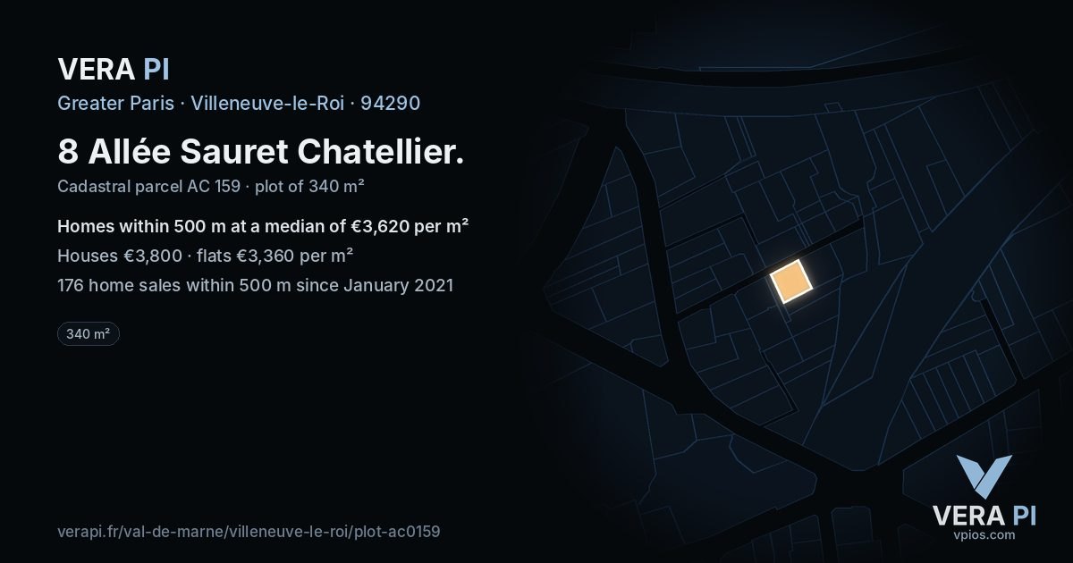 8 Allée Sauret Chatellier, Villeneuve-le-Roi at night – the plot lit, the parcels around coloured by the prices near them
