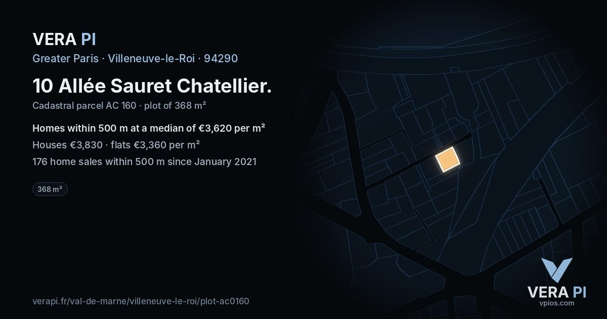 10 Allée Sauret Chatellier, Villeneuve-le-Roi at night – the plot lit, the parcels around coloured by the prices near them