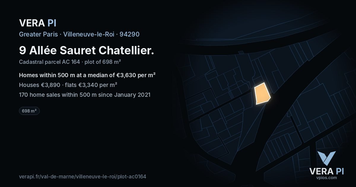 9 Allée Sauret Chatellier, Villeneuve-le-Roi at night – the plot lit, the parcels around coloured by the prices near them