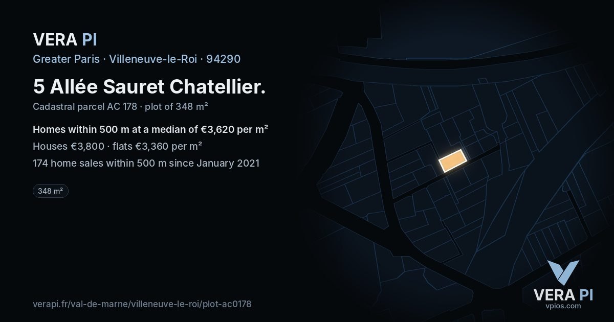 5 Allée Sauret Chatellier, Villeneuve-le-Roi at night – the plot lit, the parcels around coloured by the prices near them