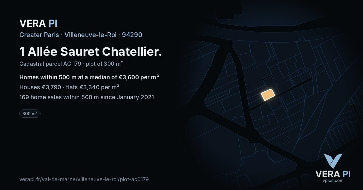 1 Allée Sauret Chatellier, Villeneuve-le-Roi at night – the plot lit, the parcels around coloured by the prices near them
