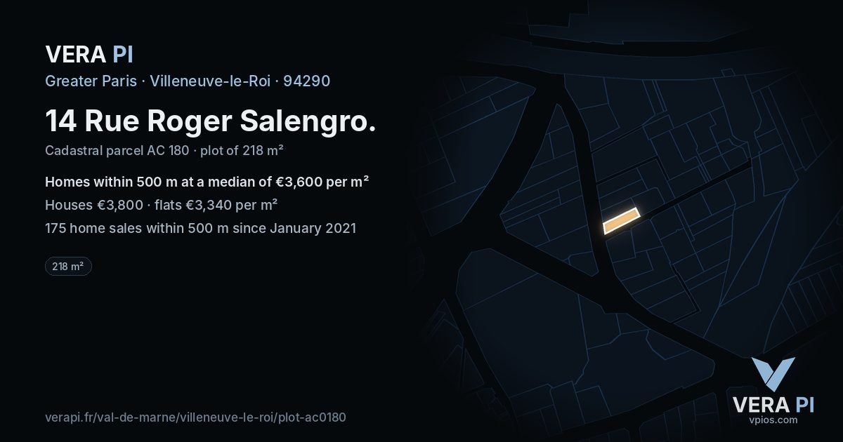 14 Rue Roger Salengro, Villeneuve-le-Roi at night – the plot lit, the parcels around coloured by the prices near them