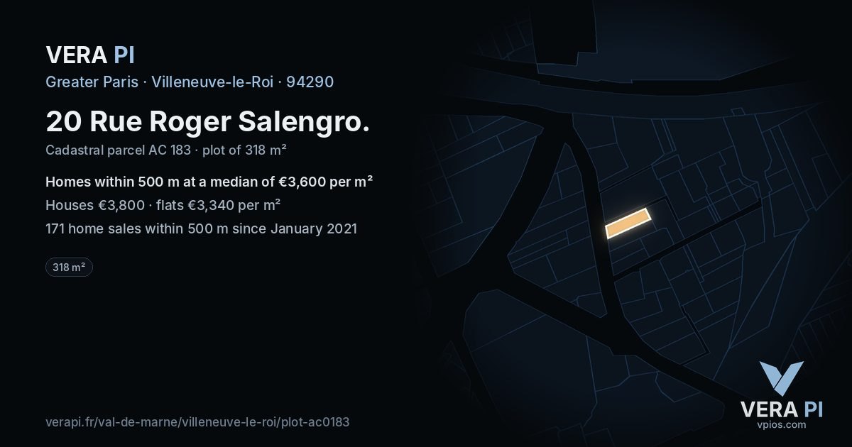 20 Rue Roger Salengro, Villeneuve-le-Roi at night – the plot lit, the parcels around coloured by the prices near them